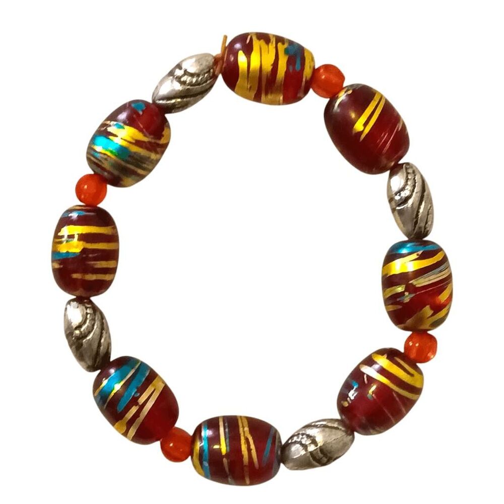 Handmade Glass Bead Bracelet Red Gold Stretch Band - Picture 4 of 5